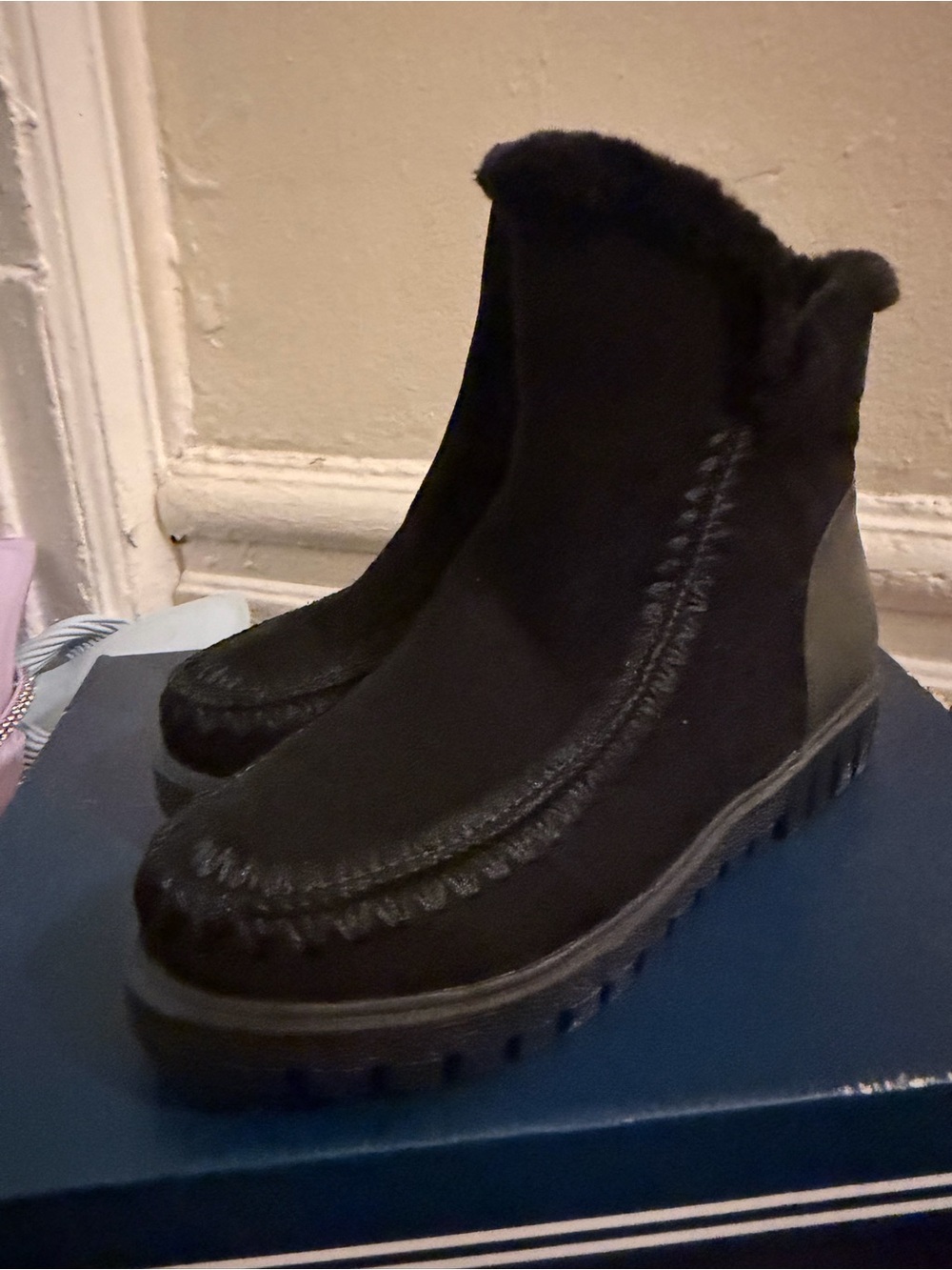 Black Faux-Suede Cold-Weather Ankle Boot with Faux Fur Trim